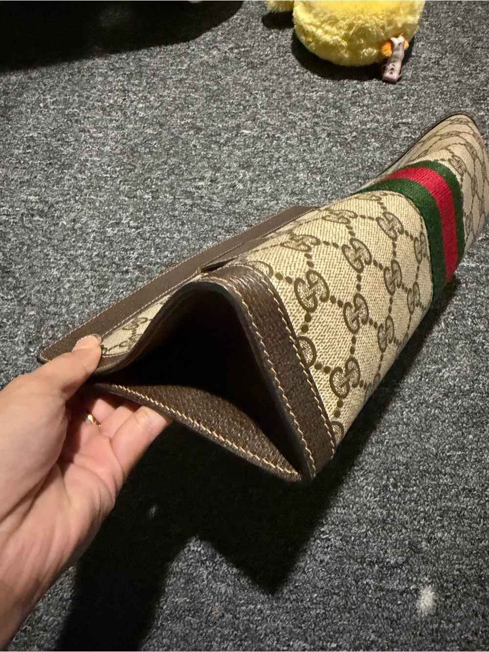 Gucci GG Supreme Web Stripe Clutch in Brown/Tan